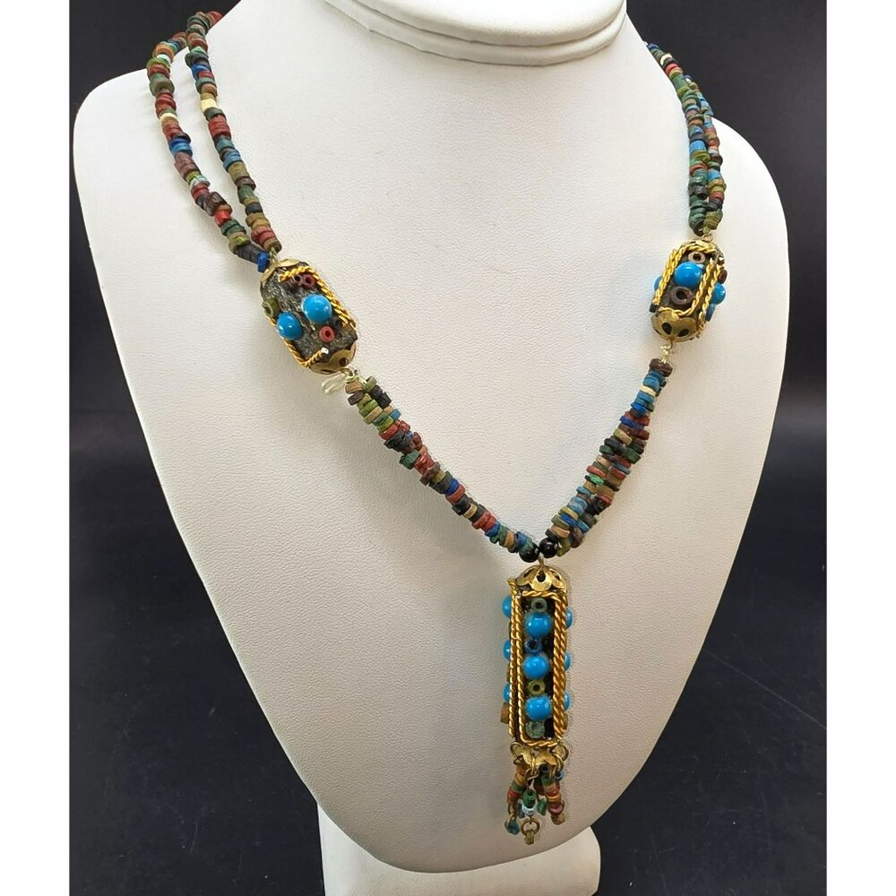 Vintage Bohemian Multicolor Beaded Necklace With Turquoise Accents 24" HS187